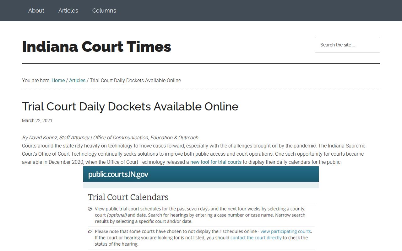 Indiana official explanation of the public court calendar date window
