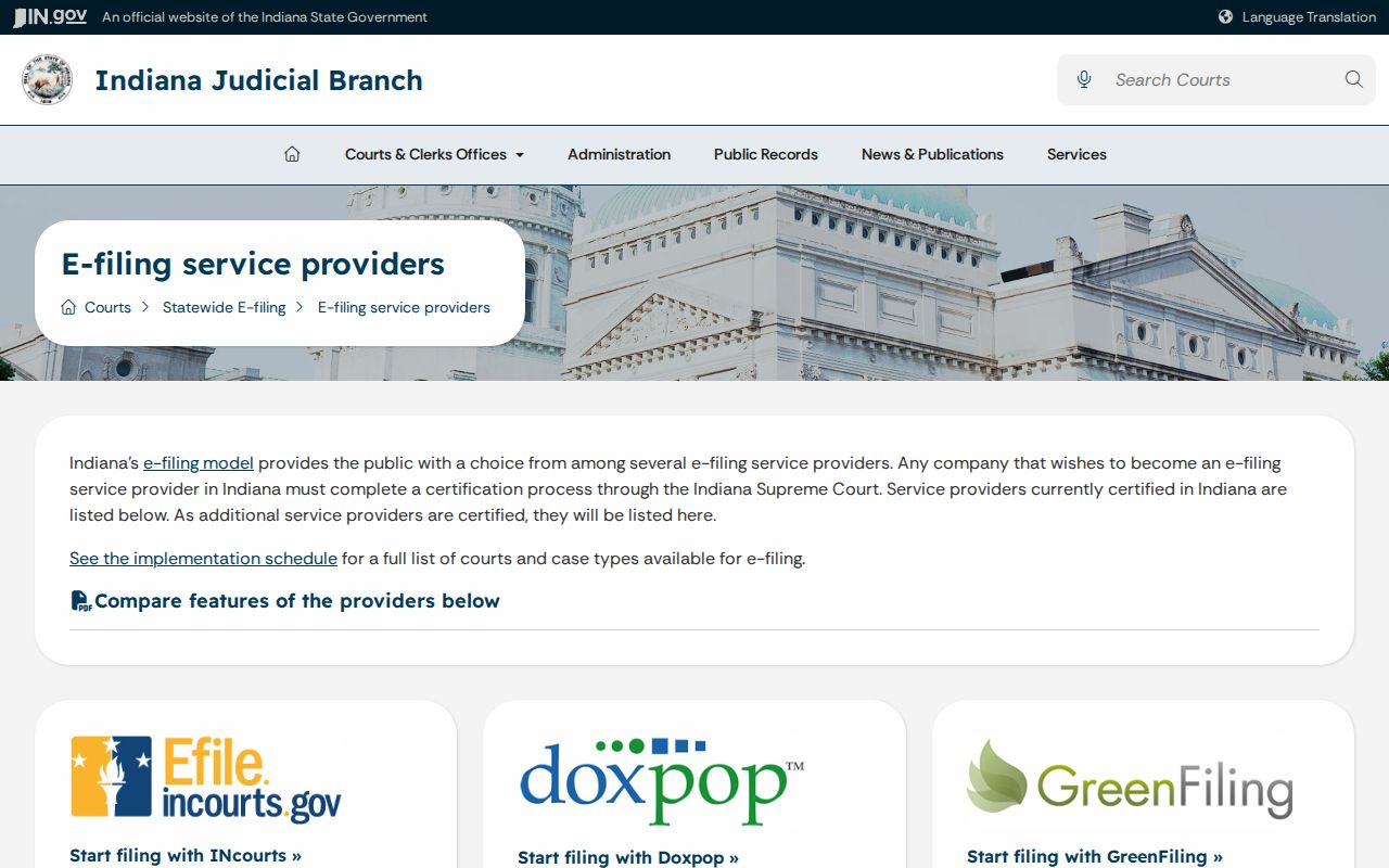 Indiana certified e-filing provider information for Carroll civil cases