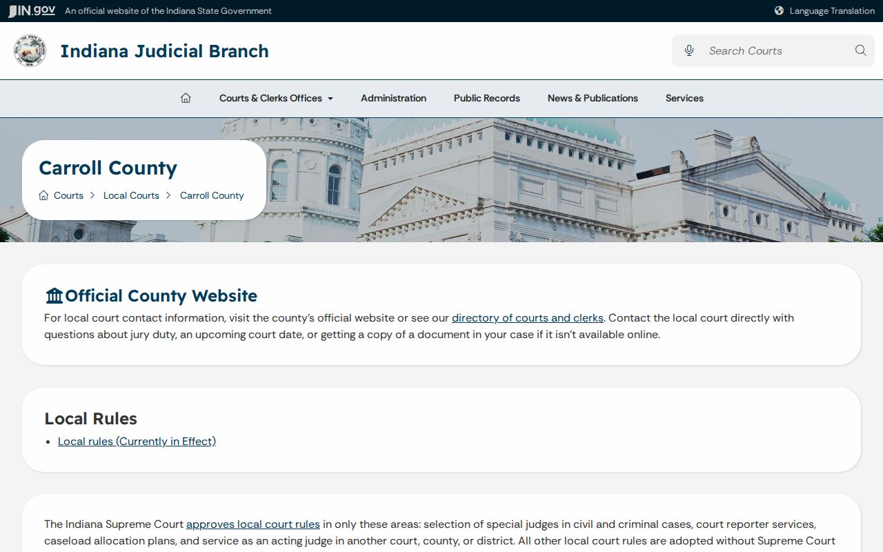 Official Indiana Judicial Branch page for Carroll County courts