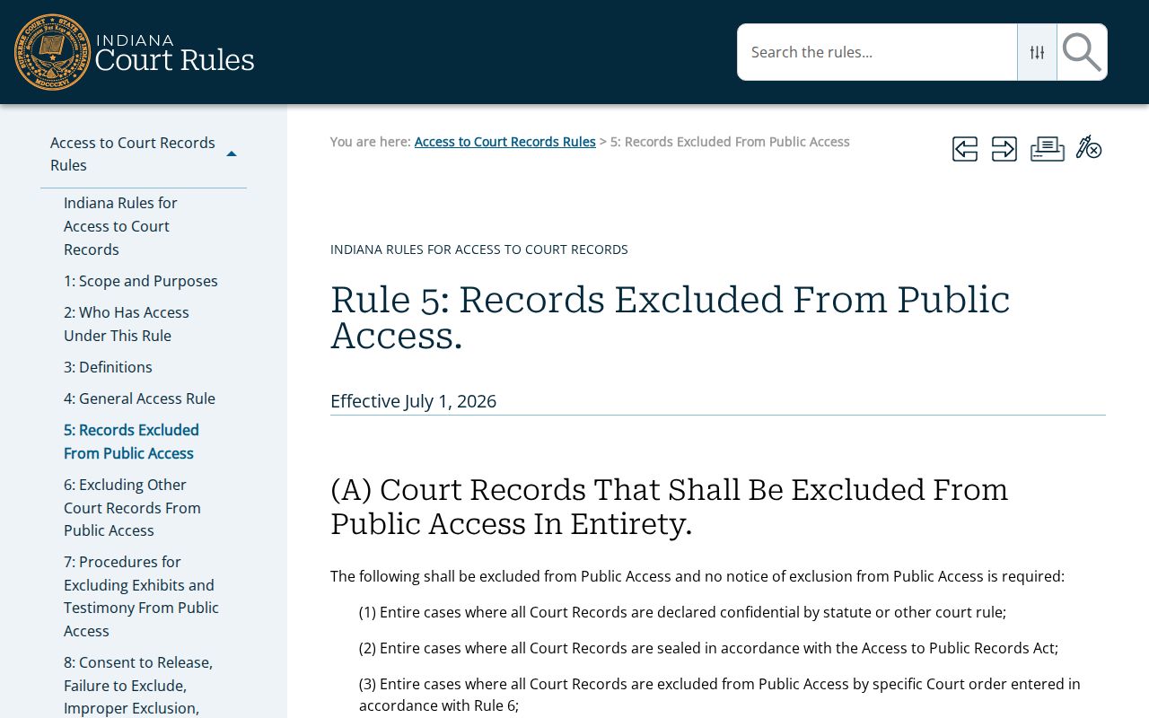 Indiana Access Rule 5 exclusions for Carroll County court records